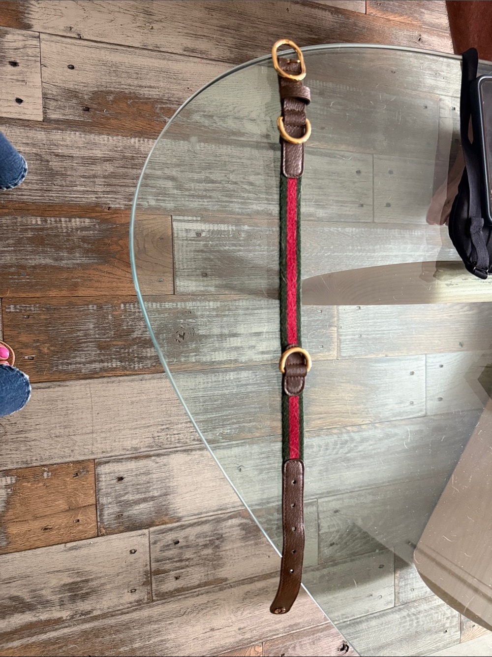 Gucci Brown Leather Dog Collar with Green and Red Webbing and Gold Hardware